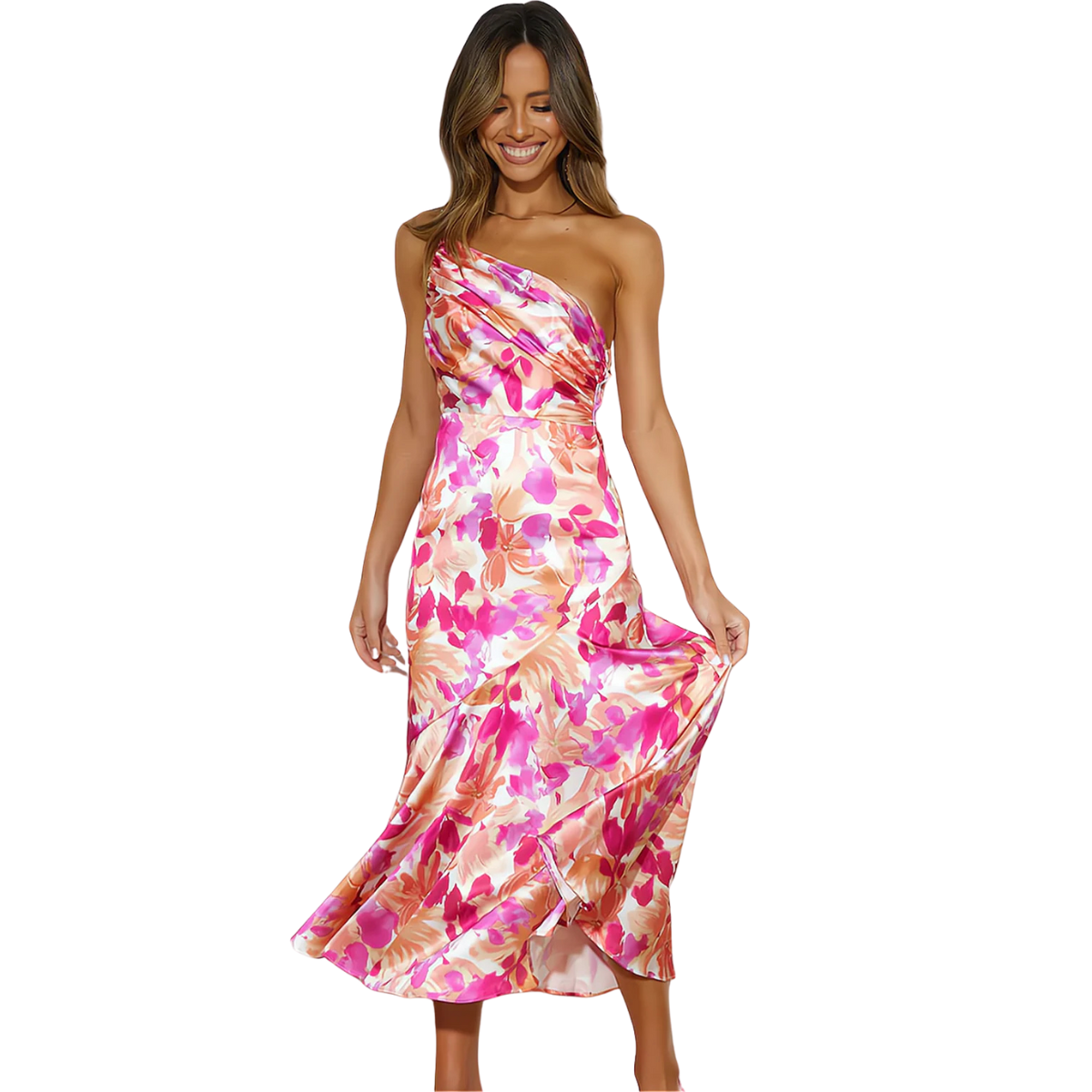 Noavera™ | Asymmetrisk blommig midiklänning